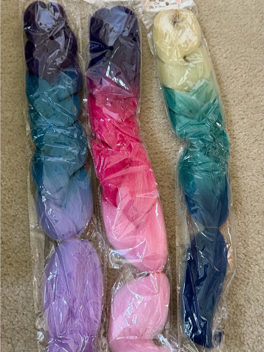 Synthetic Braided Hair Extensions - Pink, Purple, Teal Ombre